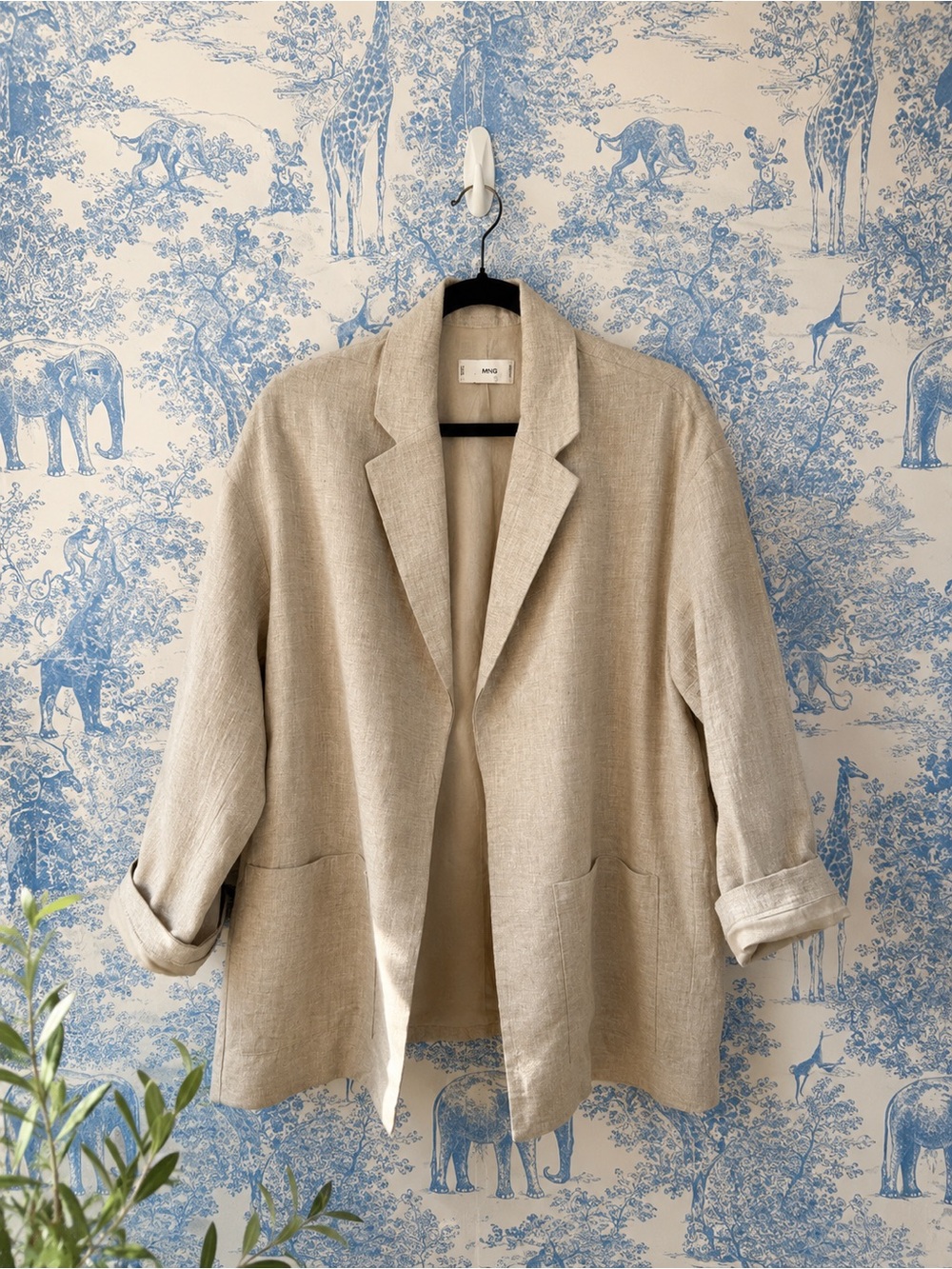 Mango Linen Blend Open-Front Blazer in Light Beige
